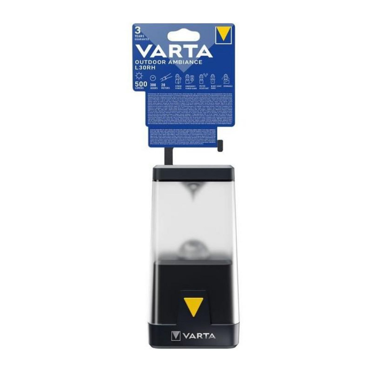 Varta Lanterne-VARTA-Outdoor Ambiance Lantern L30RH-500lm-Hybride (Piles ou cable)-IP54-LED hautes performances-lumiere blanche ou rou
