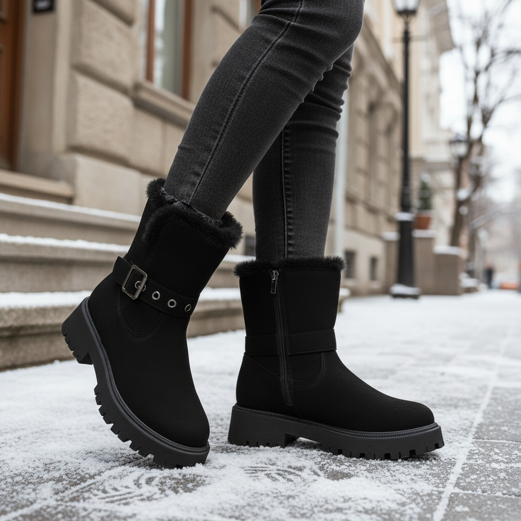 Voir la diapositive 2 : OZABI Ozabi bottines fourrées femme suédine zip et sangle semelle crantée