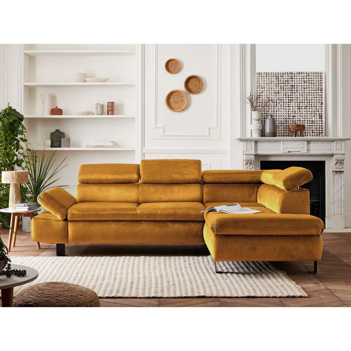 LISA DESIGN Nairobi - canapé d'angle convertible - en velours - 5 places - avec têtières - droit