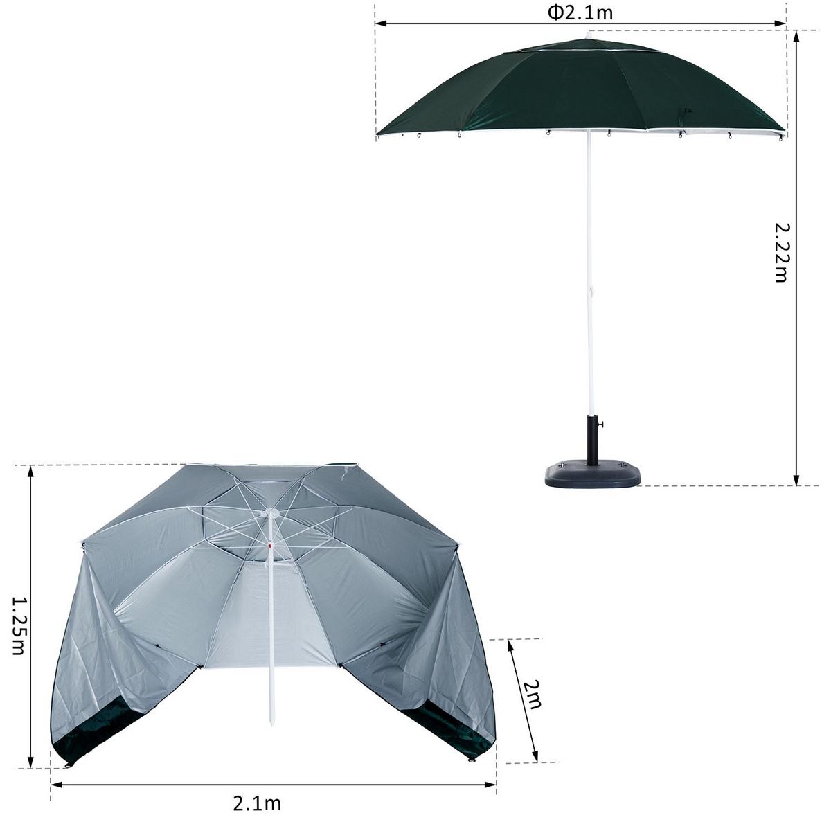 OUTSUNNY Parasol abri solaire ?2,1 x 2,22H cm protection UPF 50 +  sac transport fourni vert foncé