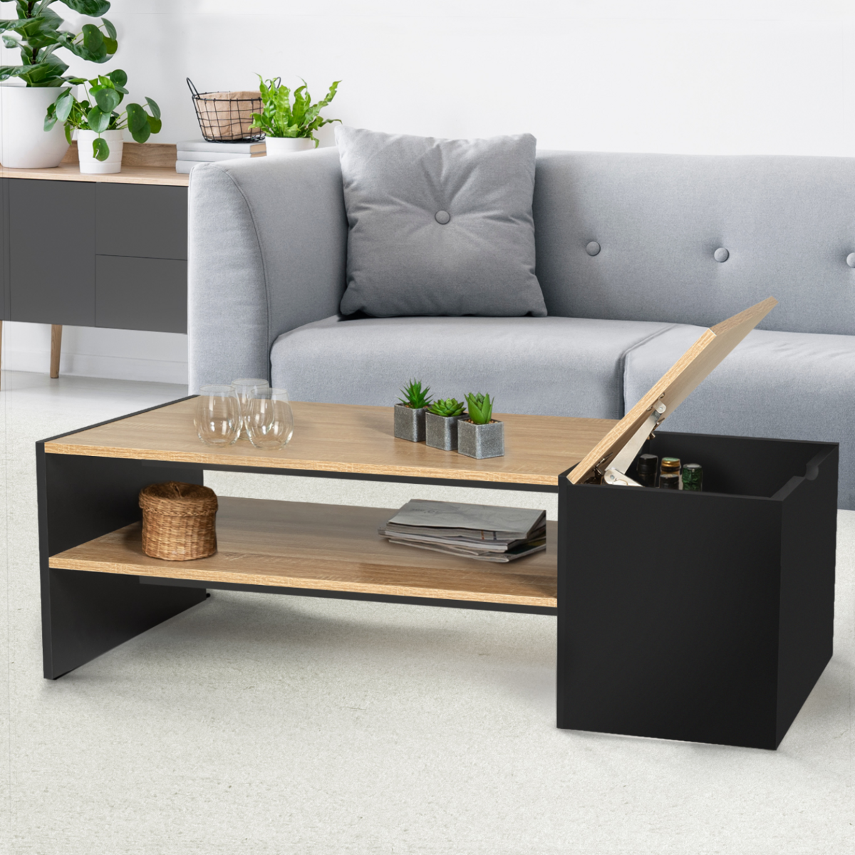 ID MARKET Table basse bar contemporaine rectangulaire IZIA avec coffre noir et plateaux bois