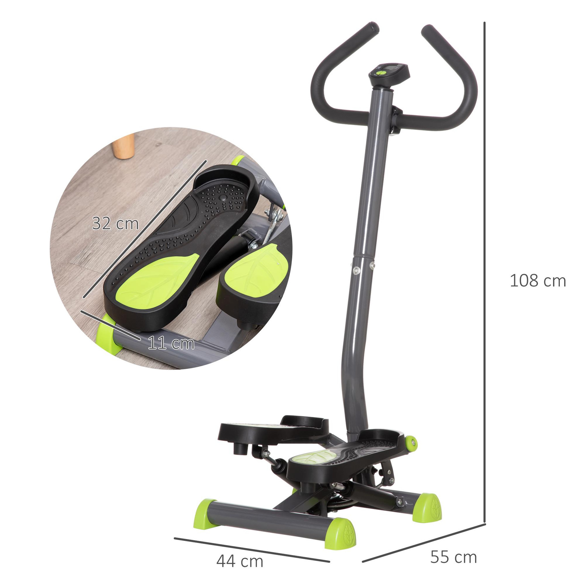 Voir la diapositive 3 : HOMCOM Stepper fitness avec guidon ergonomique - écran lcd multifonction - résistance réglable - acier gris vert noir