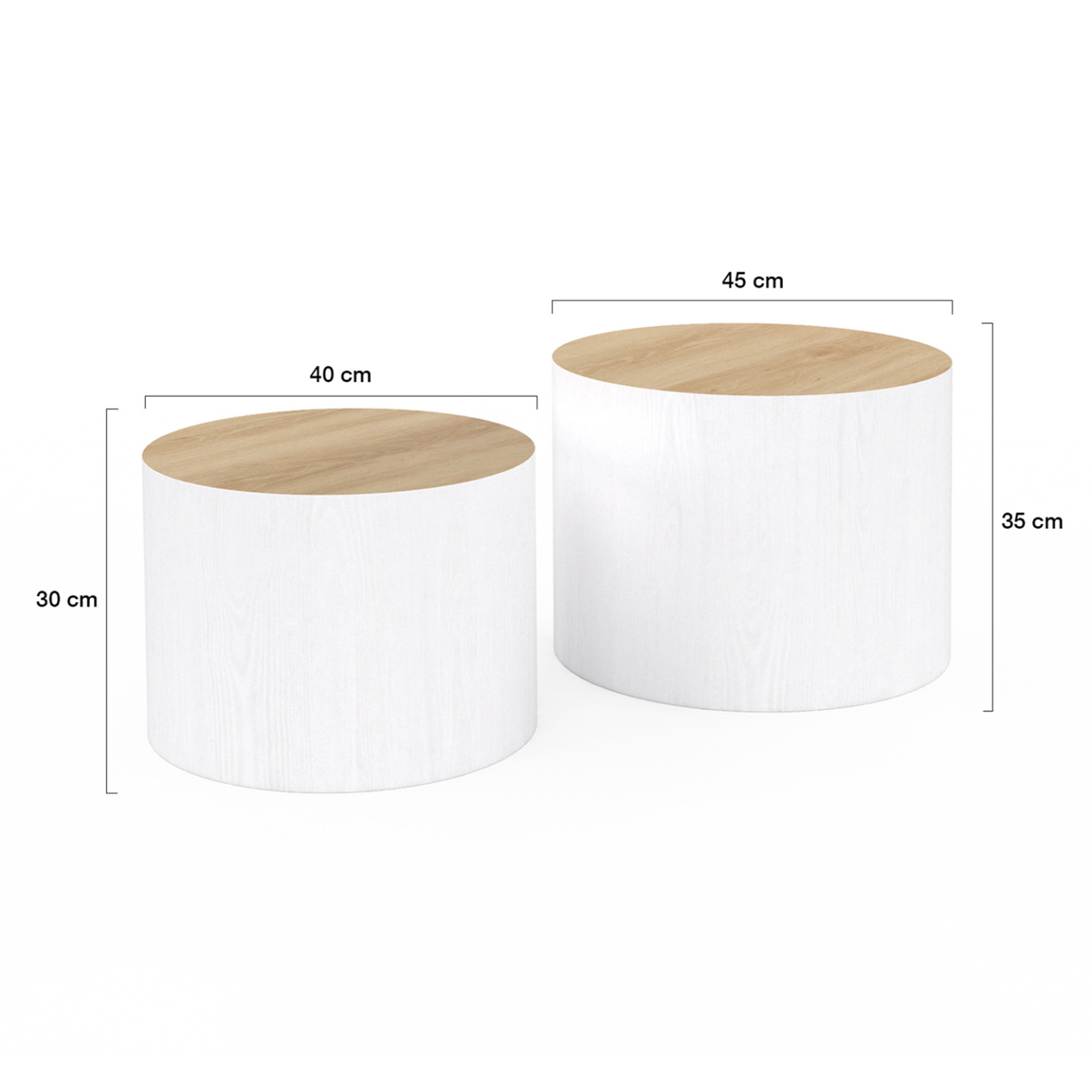 Voir la diapositive 4 : ID MARKET Lot de 2 tables basses cylindres gigognes galia bois et blanc
