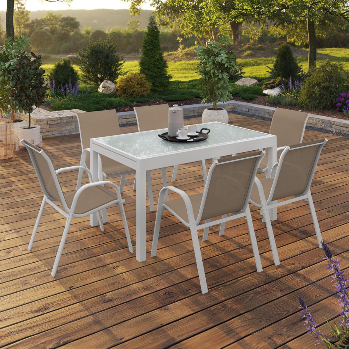 ID MARKET Salon de jardin MADRID table extensible 135-270 CM et 12 chaises empilables blanc et beige