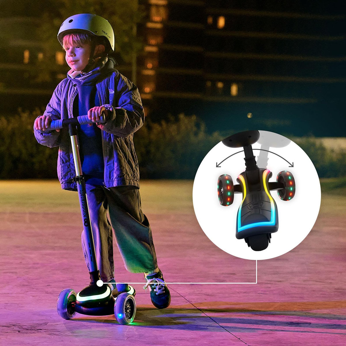 KINDERKRAFT Trottinette Kinderkraft RAKET UP 2-en-1 avec siège réglable, roues RGB LED, plateau lumineux, pliable dès bébé, Noir