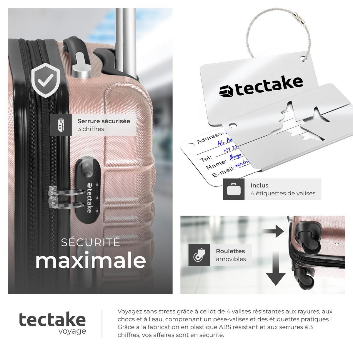 tectake Set de valises rigides 4 pièces en plastique ABS robuste, pèse-bagages et une étiquette de valise incluses or rose
