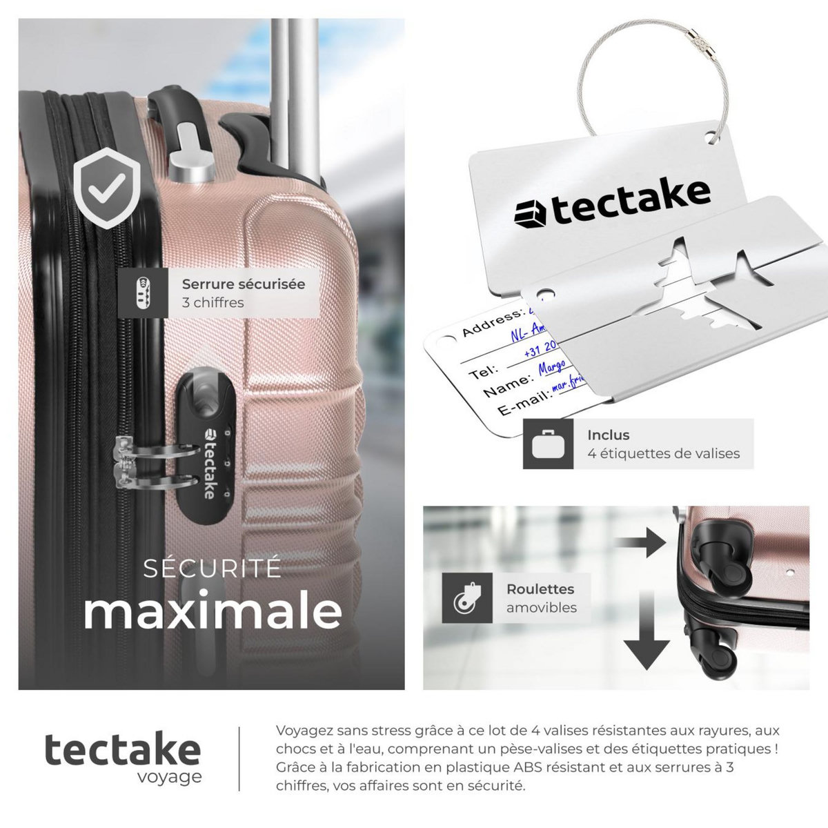 tectake Set de valises rigides 4 pièces en plastique ABS robuste, pèse-bagages et une étiquette de valise incluses or rose