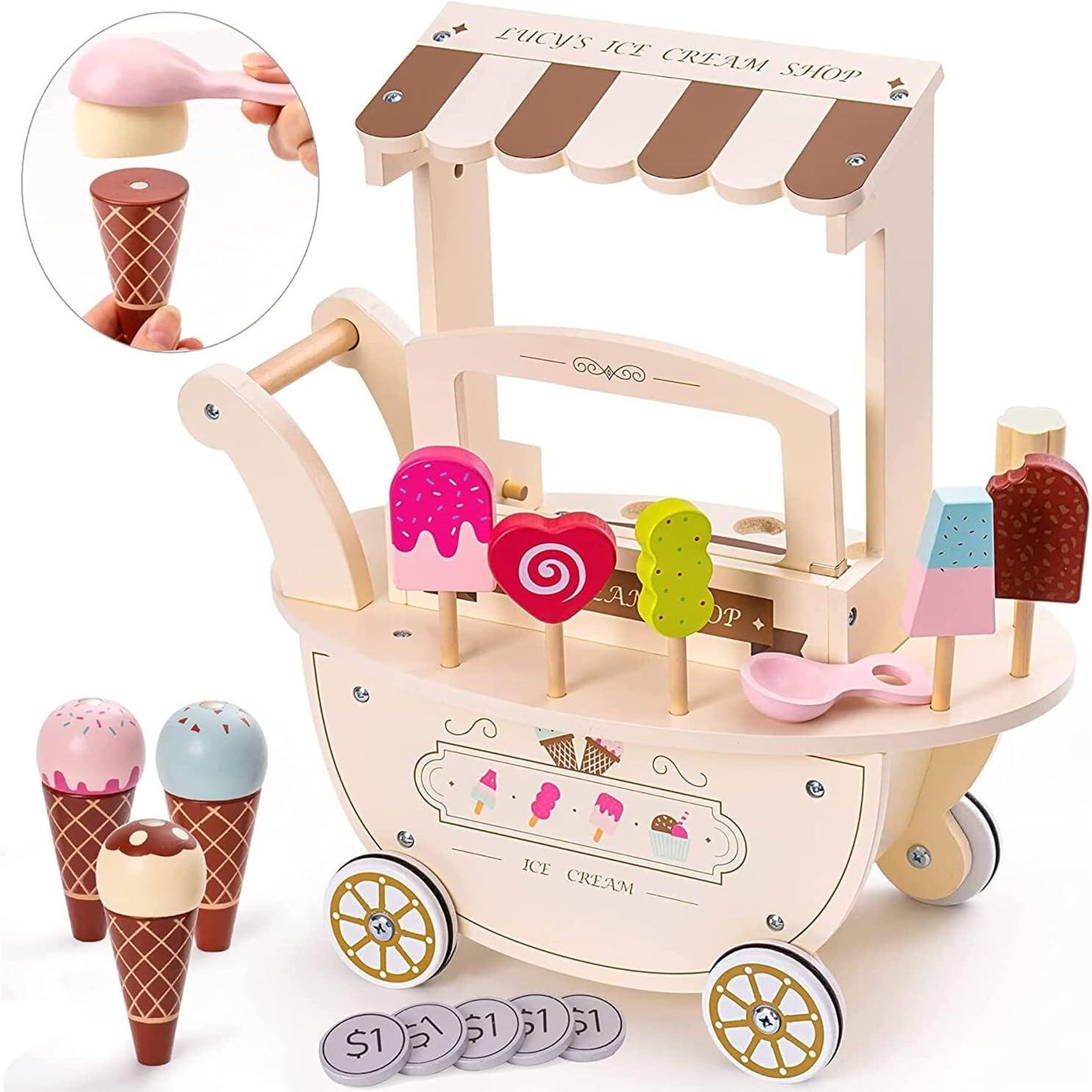 Voir la diapositive 2 : MAMABRUM Marchande Enfant, Marchande Glace en sur Roues avec poignée & Accessoires, Chariot Jouet en bois