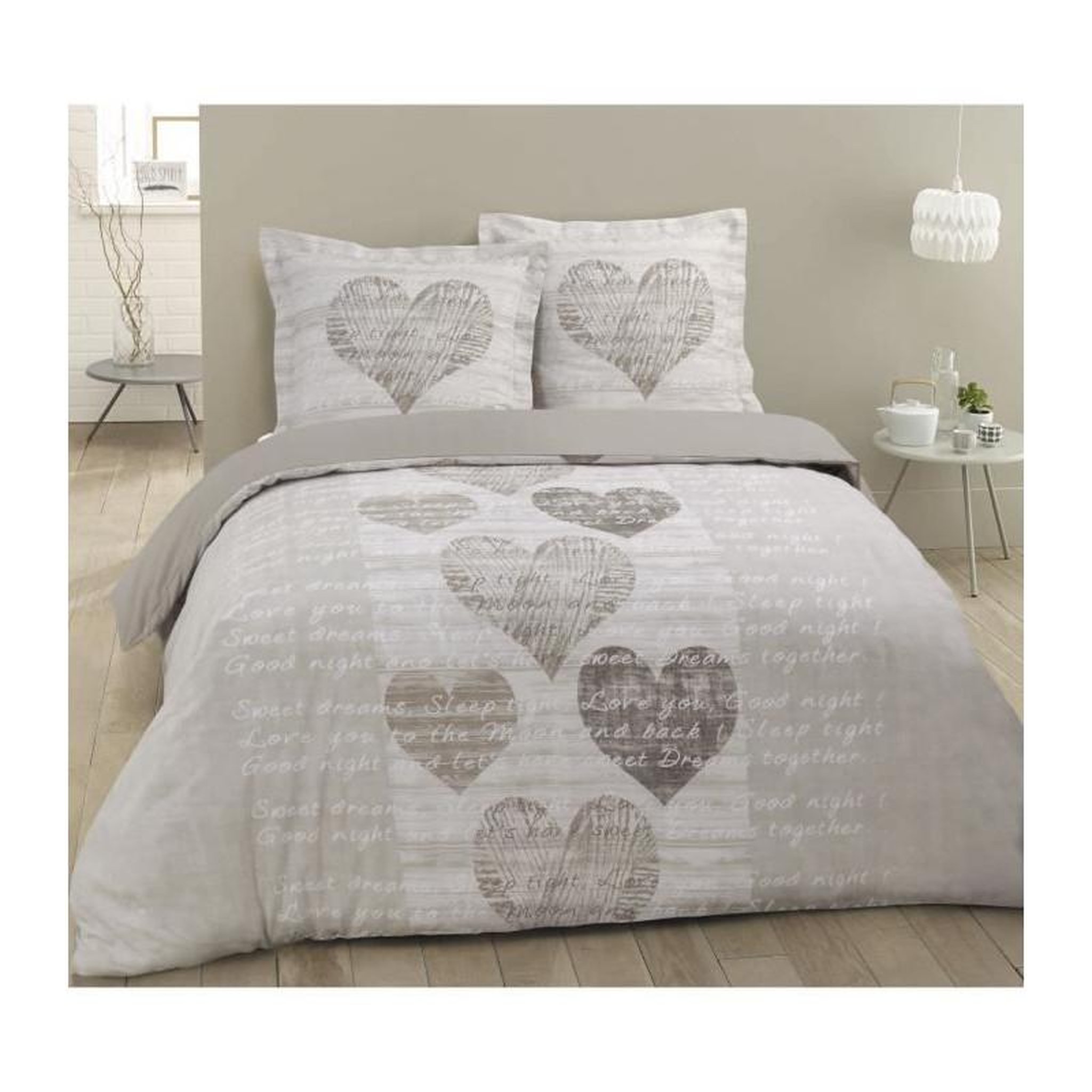 VISION VISION Parure de couette Alice - 100% coton - 1 housse de couette 220 x 240 cm + 2 taies d'oreiller 65 x 65 cm - Beige et blanc