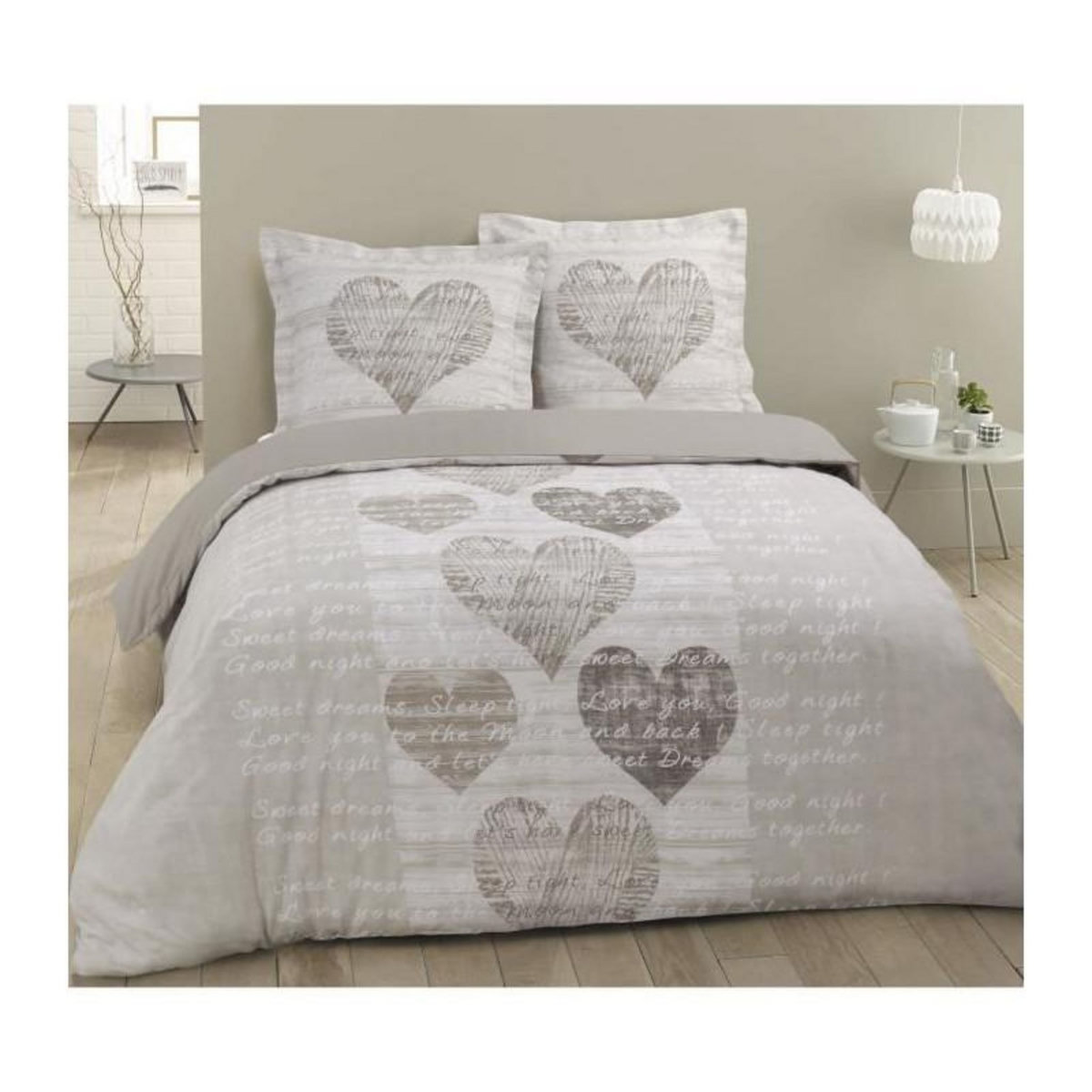 VISION VISION Parure de couette Alice - 100% coton - 1 housse de couette 220 x 240 cm + 2 taies d'oreiller 65 x 65 cm - Beige et blanc