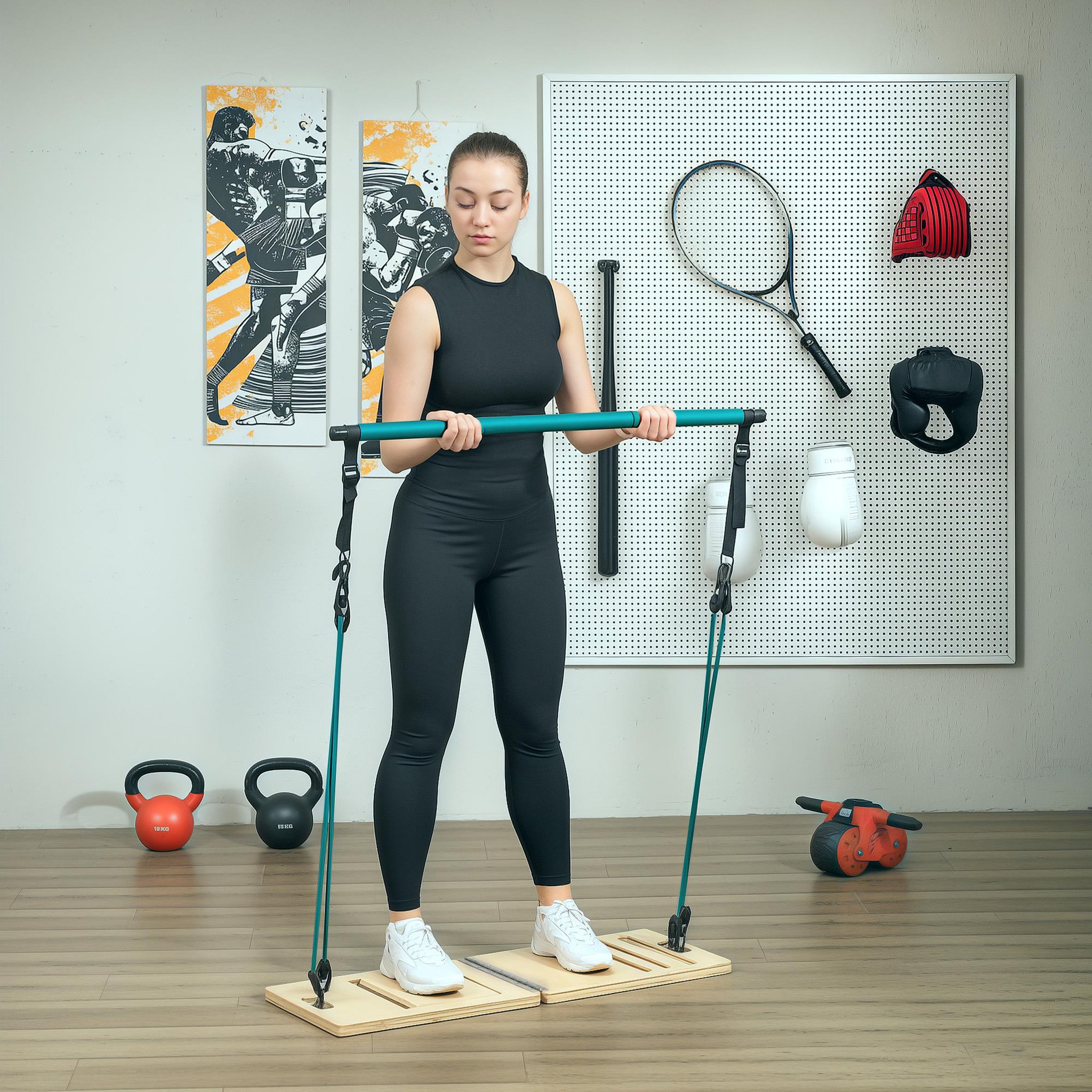 Voir la diapositive 2 : HOMCOM Ensemble pilates 8 pcs barre de pilates, planche inclinée réglable, 6 bandes de résistance