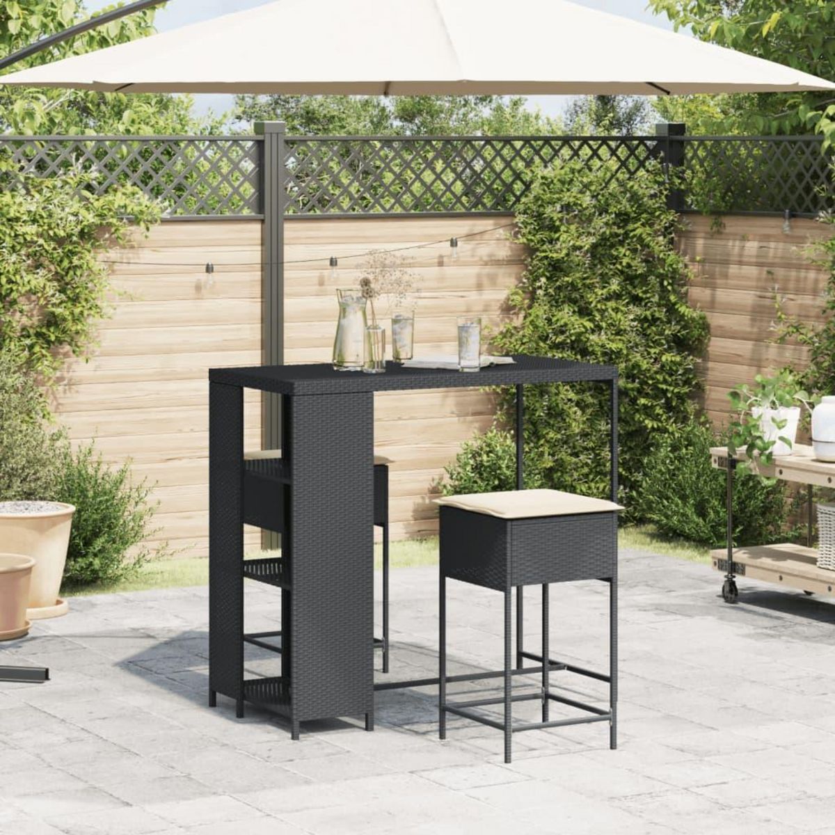 VIDAXL Ensemble de bar de jardin 3 pcs avec coussins noir poly rotin