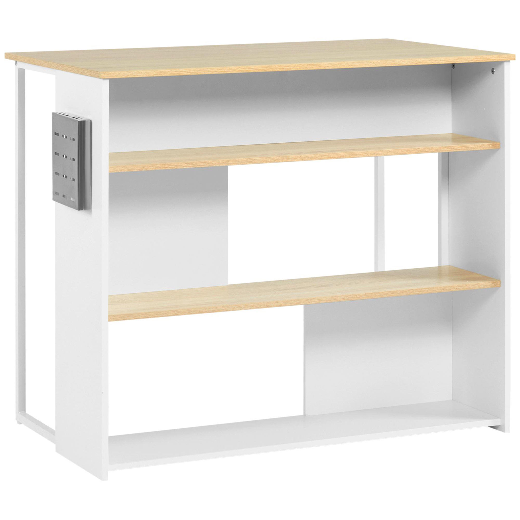 Voir la diapositive 1 : HOMCOM Ilot de cuisine table de bar - 3 étagères, porte-couteaux acier inox. - blanc aspect chêne clair