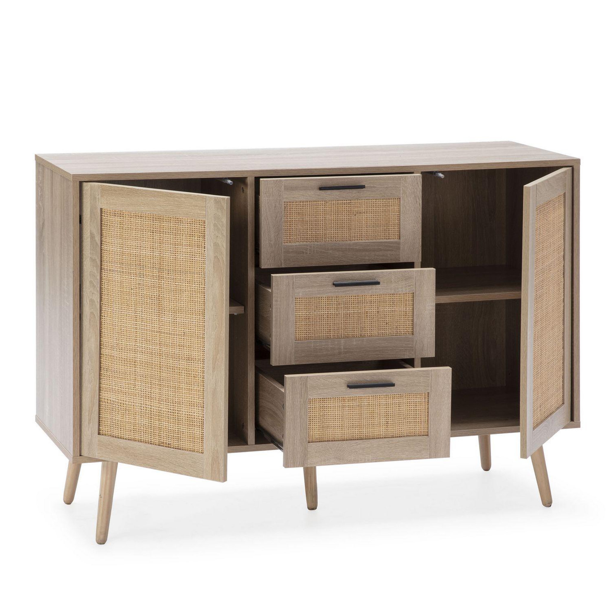 Voir la diapositive 2 : VS VENTA-STOCK Buffet Dalia 3 tiroirs et 2 portes couleur chêne, 120 cm longueur