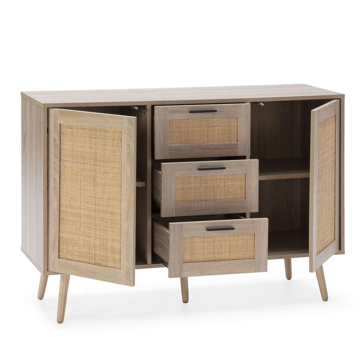 VS VENTA-STOCK Buffet Dalia 3 tiroirs et 2 portes couleur chêne, 120 cm longueur