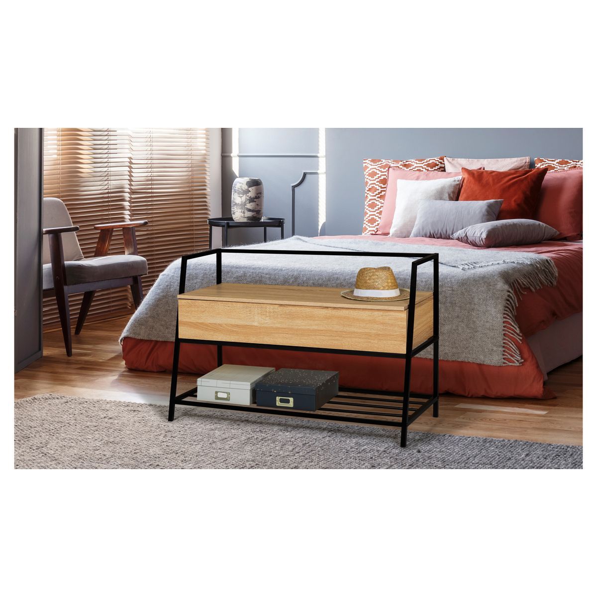 Banquette avec coffre et étagère métal MATEO