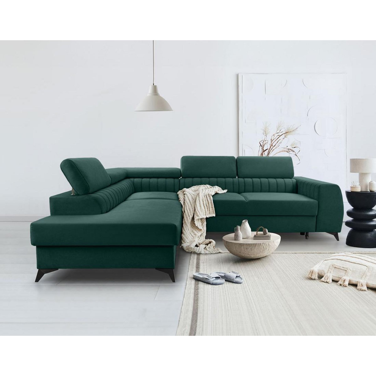 BEST MOBILIER Aneta - canapé d'angle gauche 5 places - convertible avec coffre et têtières - en velours