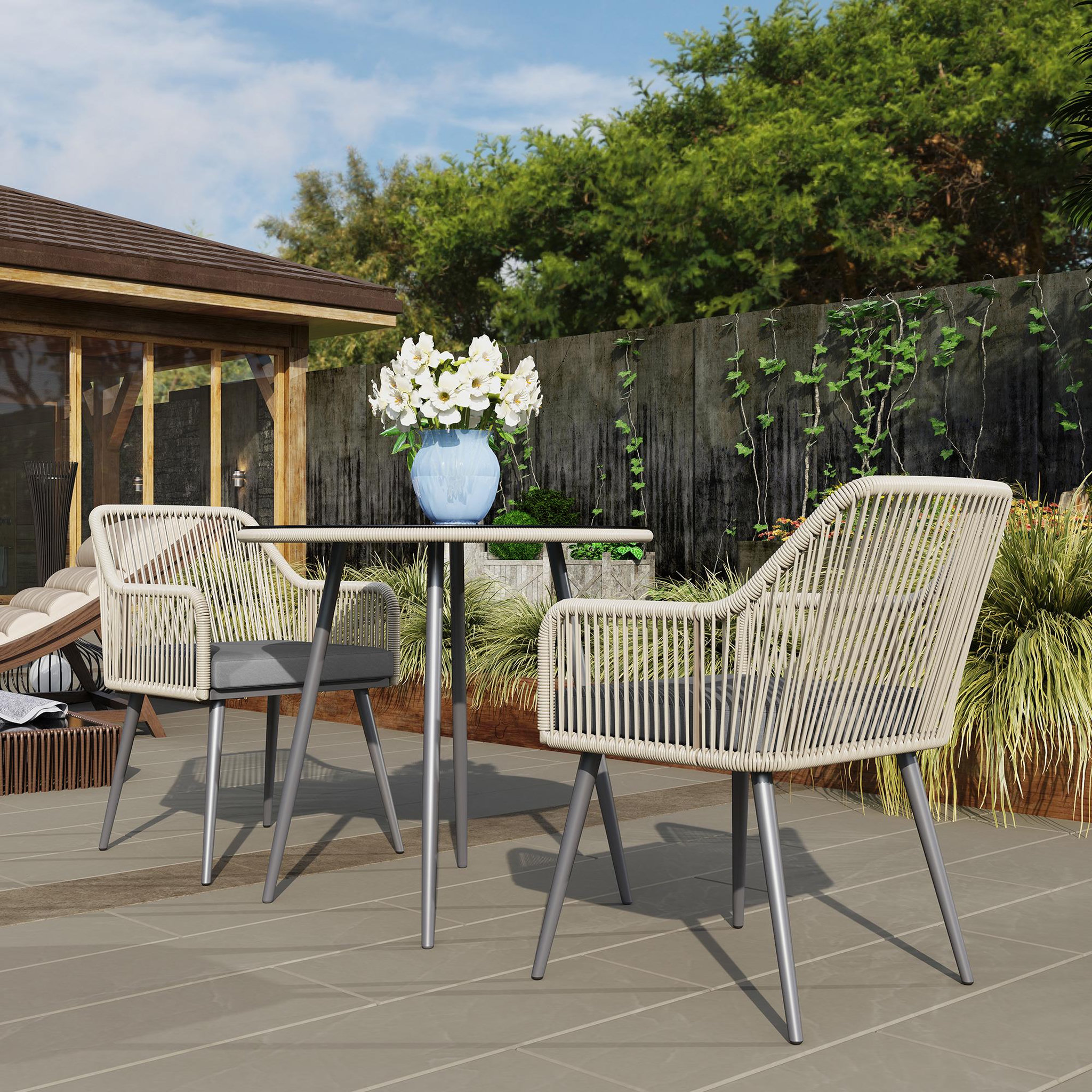 Voir la diapositive 4 : OUTSUNNY Salon de jardin 3 pièces 2 places avec coussins plateau table verre trempé noir résine filaire gris
