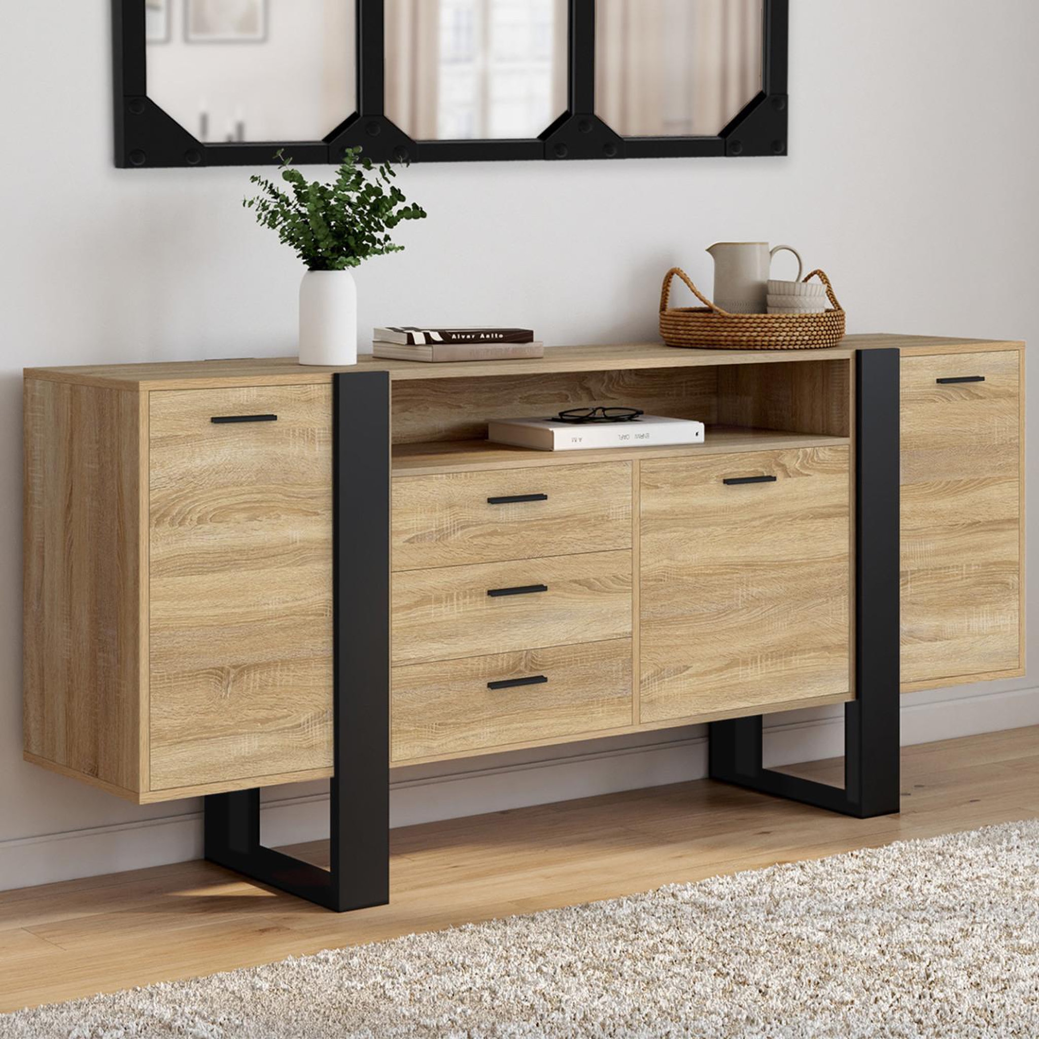 Voir la diapositive 2 : ID MARKET Buffet 180 cm phoenix xxl 3 portes et 3 tiroirs avec niche bois et noir