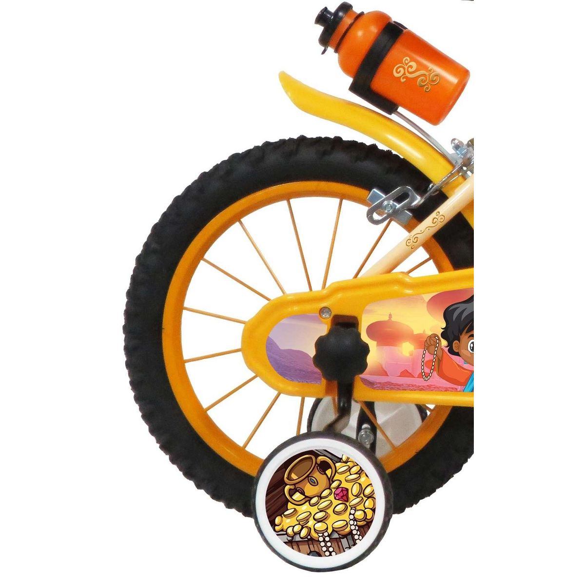 Vélo enfant - Modèle14'' Prince des sables pour enfant de 95/110 cm avec stabilisateurs - Plaque décorative avant - Porte bidon - 2 freins