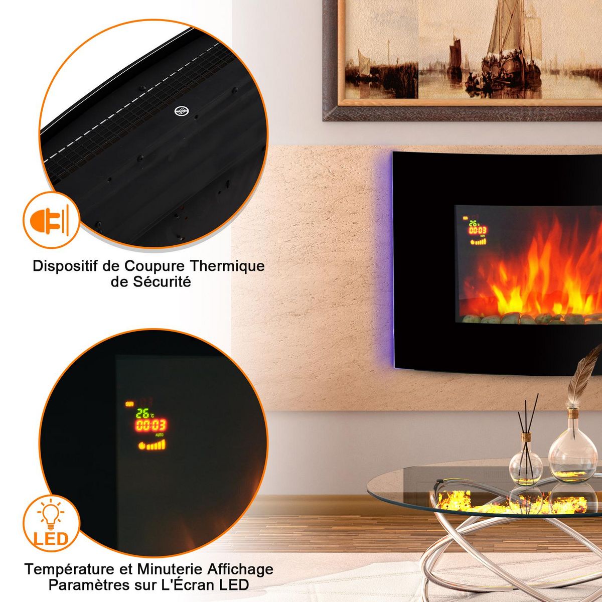 HOMCOM Cheminée électrique murale éclairages latéraux LED design avant-gardiste affichage LED avec télécommande et minuterie 900/1800 W luminosité réglable noir