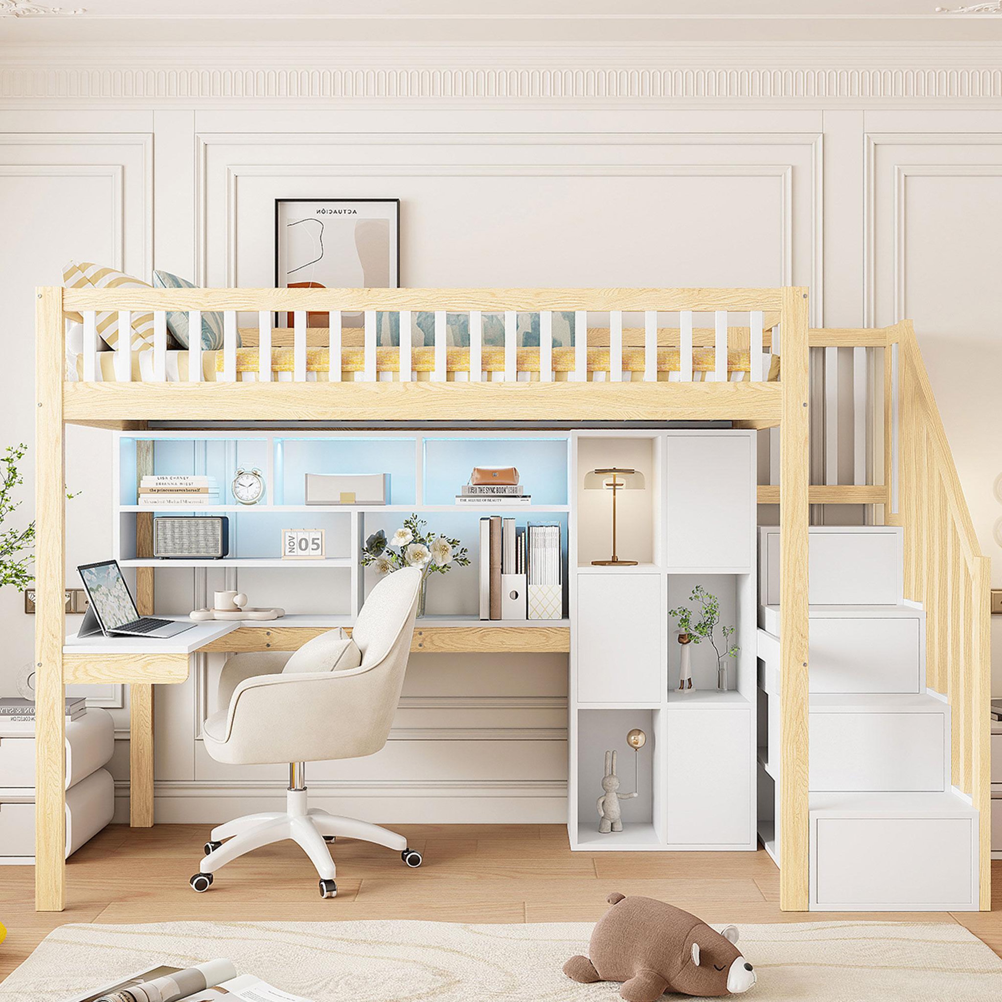 Voir la diapositive 2 : MERAX Lit mezzanine 90x200cm coloris naturel+blanc pin