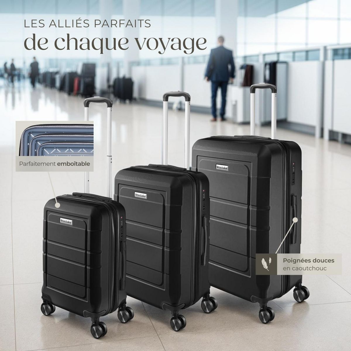 tectake Set de valises de voyage 3 pièces en plastique ABS robuste avec revêtement en polycarbonate noir