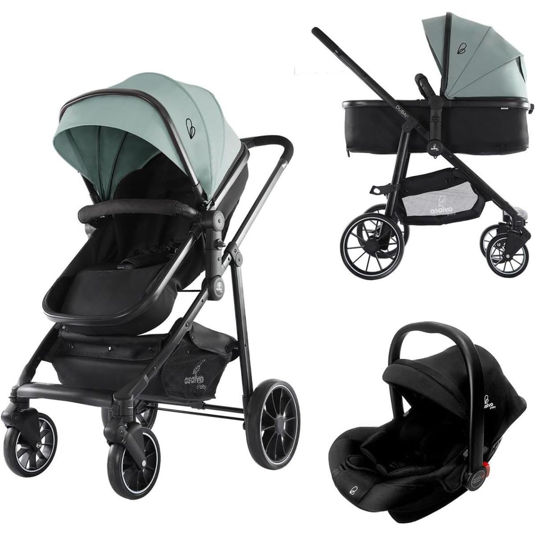Voir la diapositive 2 : Asalvo Poussette Dubaï II en Vert Olive - Confort et Sécurité pour Bébé