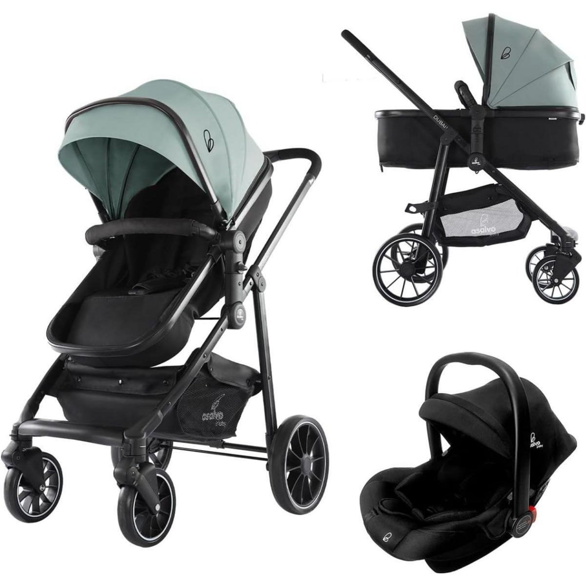 Asalvo Poussette Dubaï II en Vert Olive - Confort et Sécurité pour Bébé