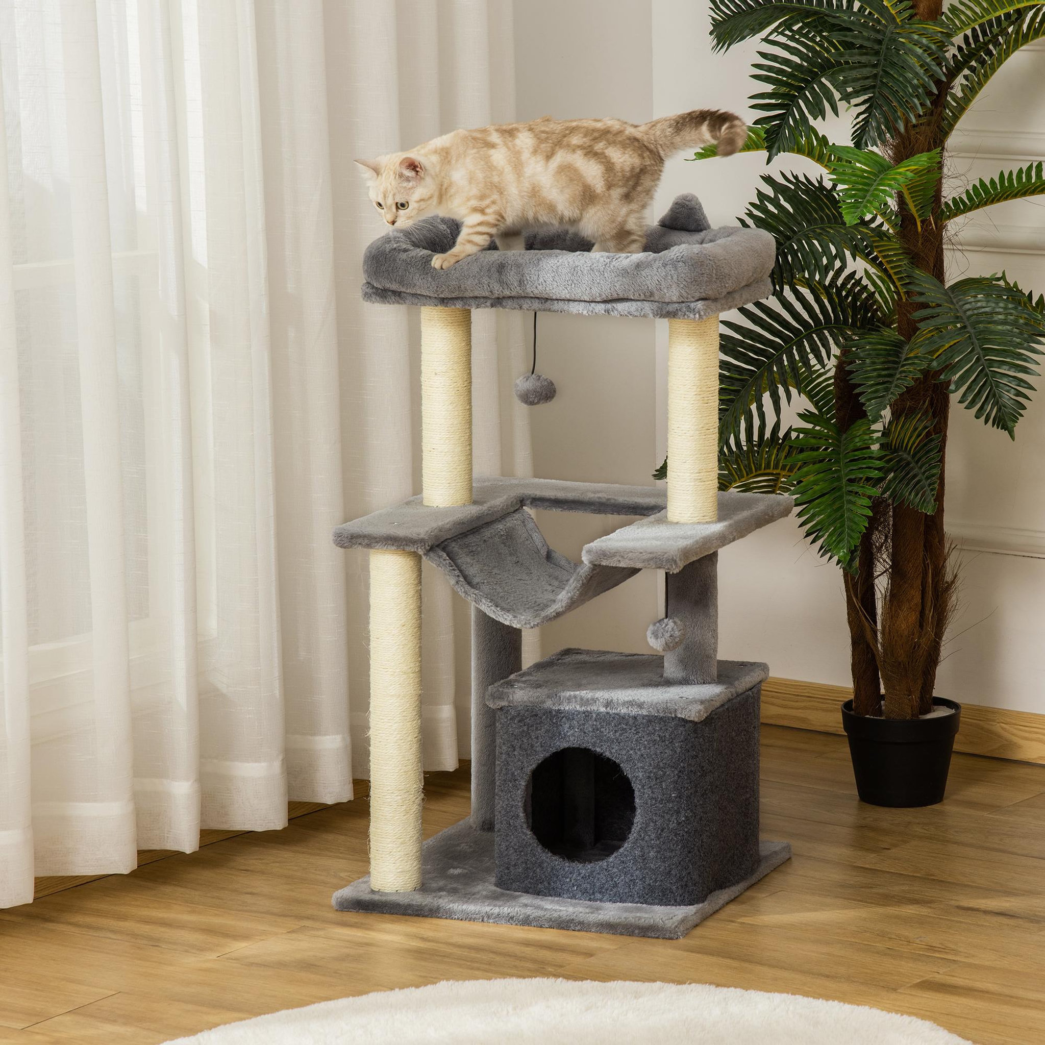 Voir la diapositive 4 : PAWHUT Arbre à chat h.90cm - griffoirs, plateforme d'observation, niche, hamac, boules suspendues - gris