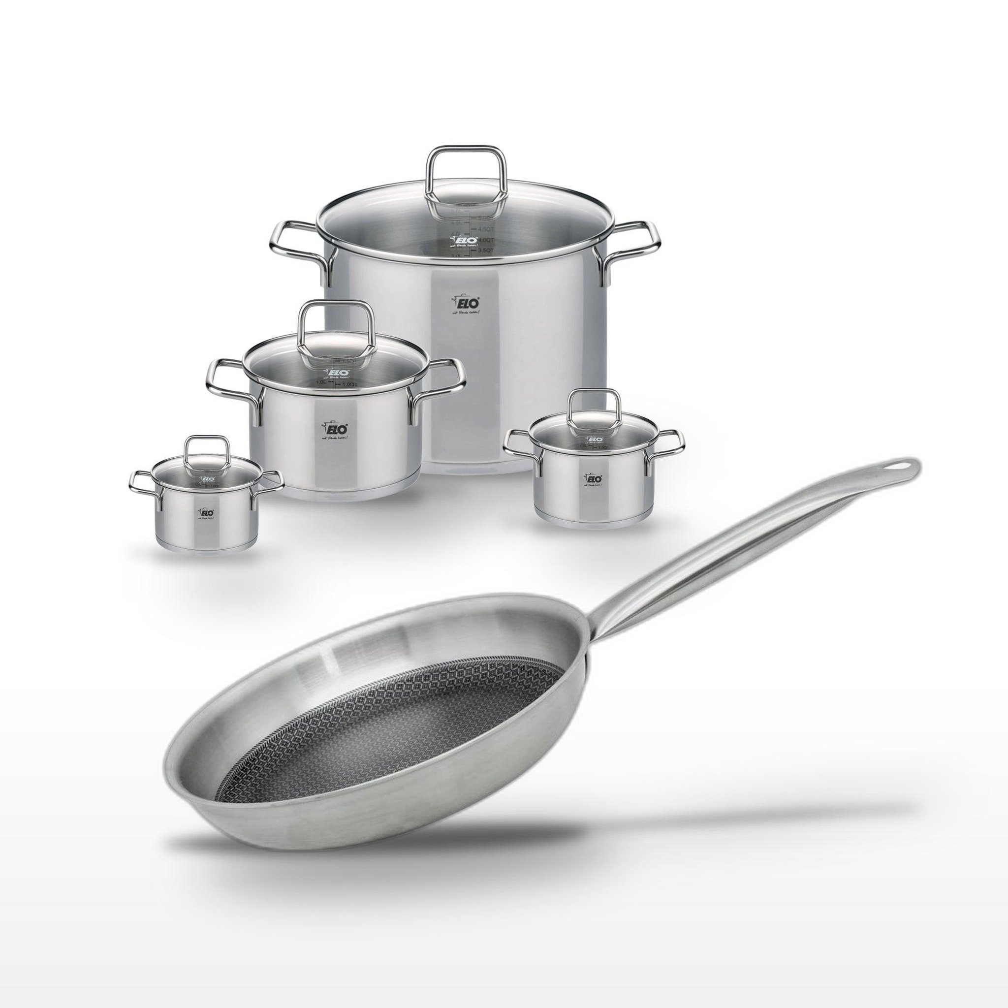 ELO Batterie de cuisine ensemble de casseroles et poêles poêle 28 cm faitouts 12/14 cm et 20/26 cm elo collection relief solution citrin