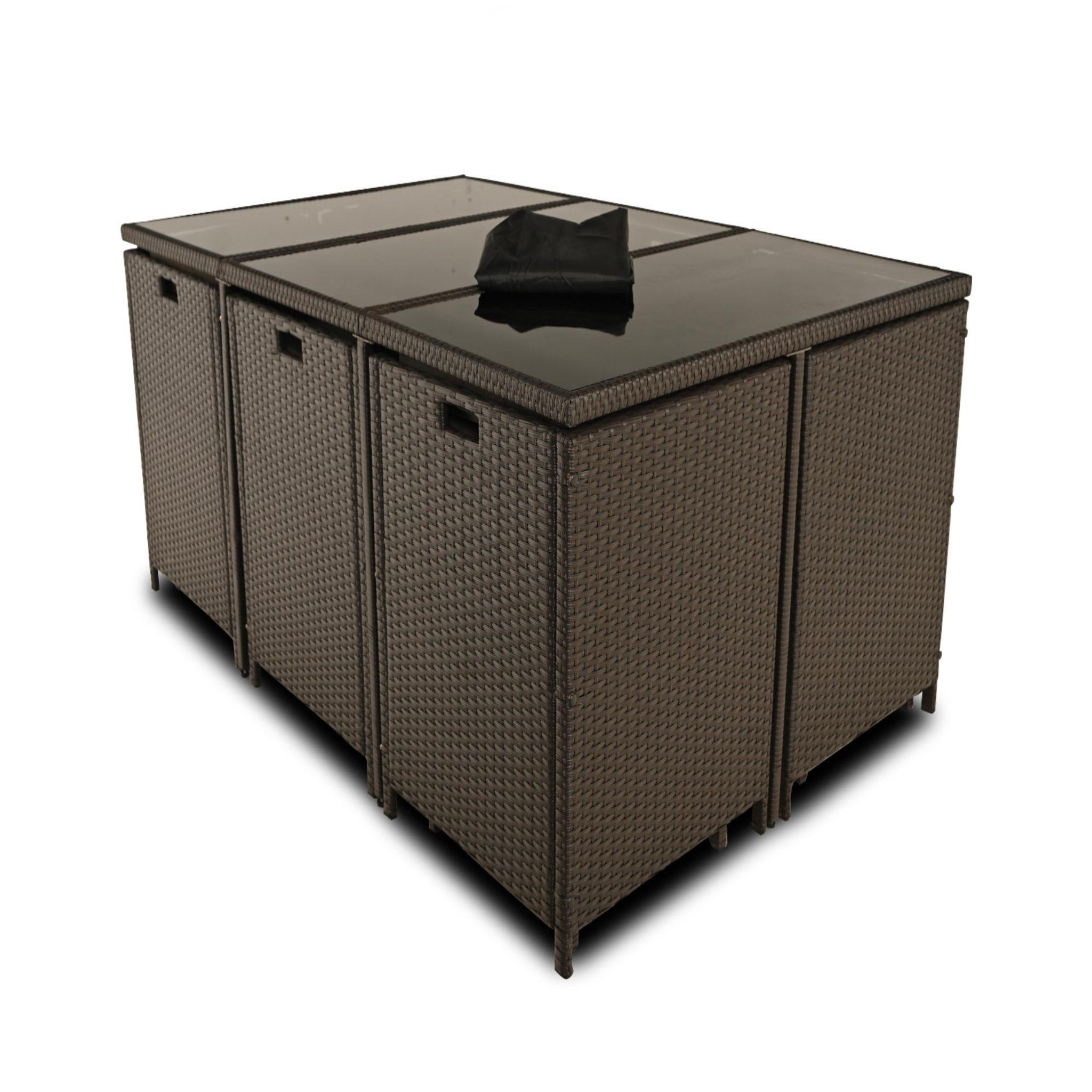 Voir la diapositive 5 : BEST MOBILIER Tao - salon de jardin encastrable 10 places - résine tressée marron - coussins taupe - plateau en verre + housse de protection