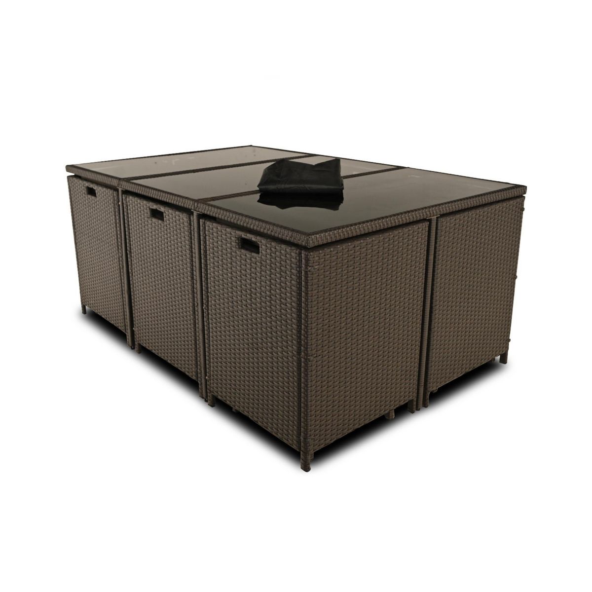 BEST MOBILIER Tao - salon de jardin encastrable 10 places - résine tressée marron - coussins taupe - plateau en verre + housse de protection