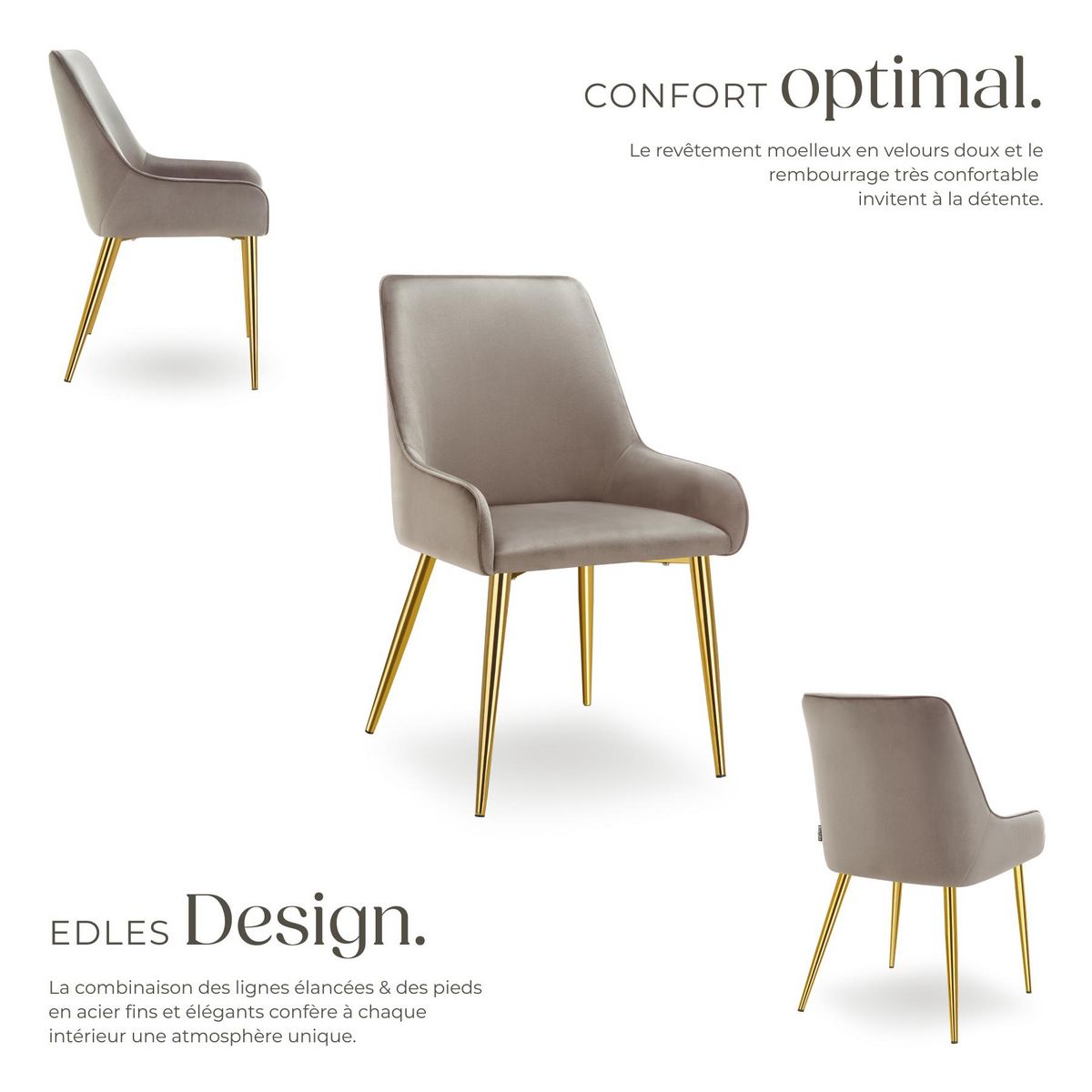 tectake Chaise rembourrée en velours rembourré taupe Lot de 6