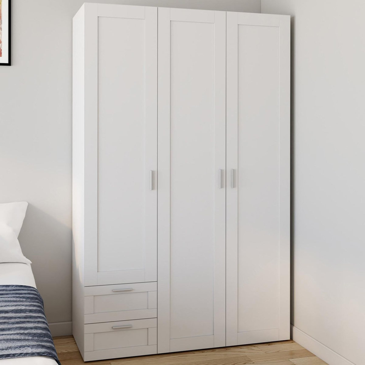 ID MARKET Armoire 3 portes VITO blanc penderie 120 cm avec 2 tiroirs et étagères