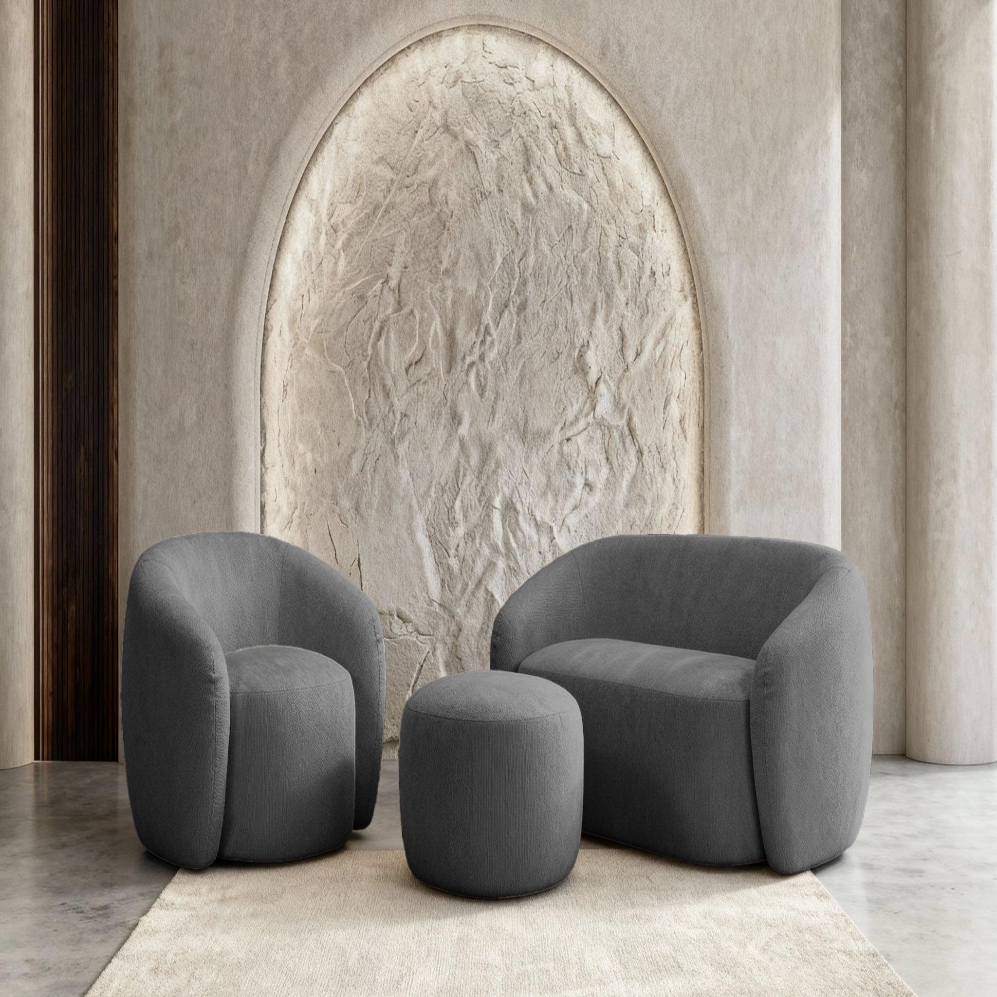 Voir la diapositive 2 : CASANOVA PARIS Aurelie - pack canapé droit 2 places + fauteuil + pouf tissu