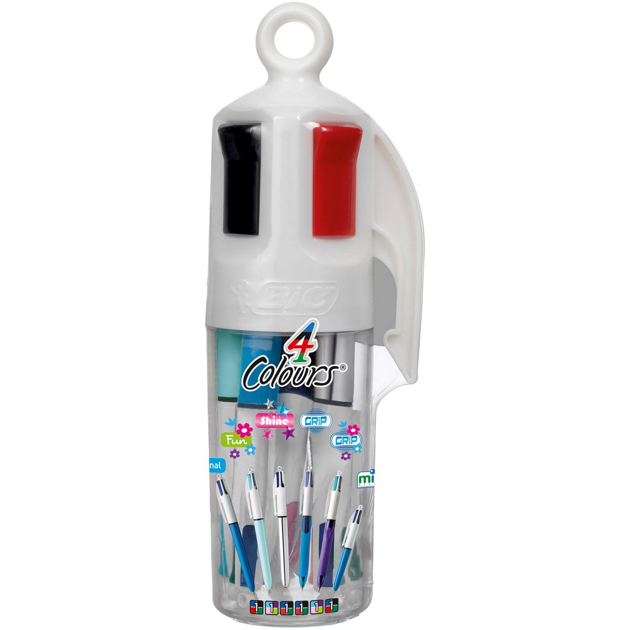 BIC Stylos-bille rétractables pointe moyenne bleu/noir/rouge/vert/rose/turquoise/violet/vert-citron 4 COULEURS (lot de 6)