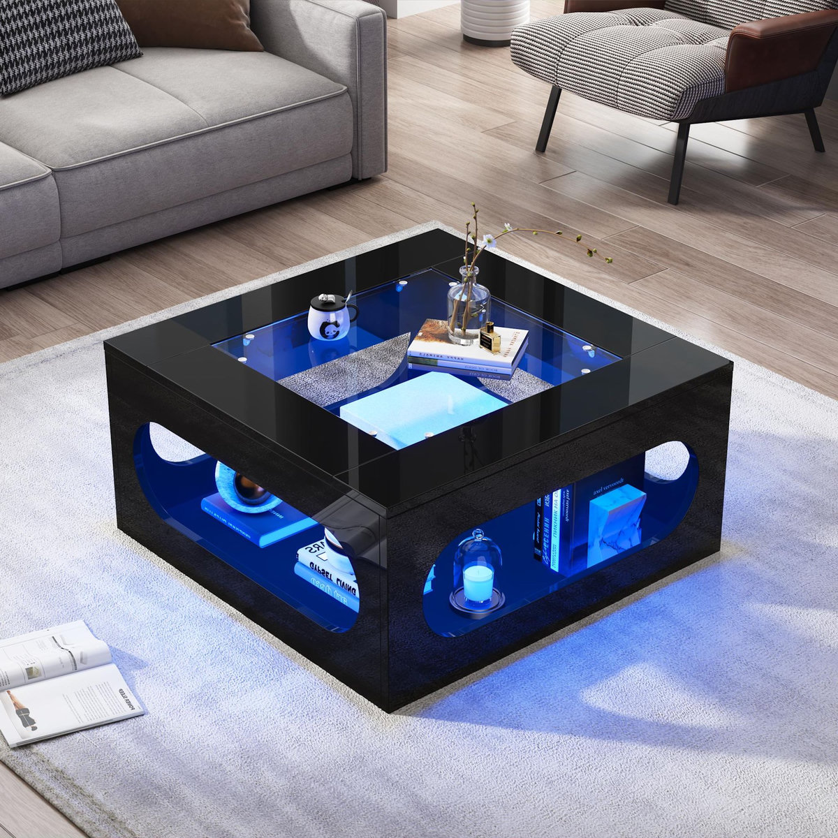 MERAX Table basse carrée noir - 70x70 cm led mdf