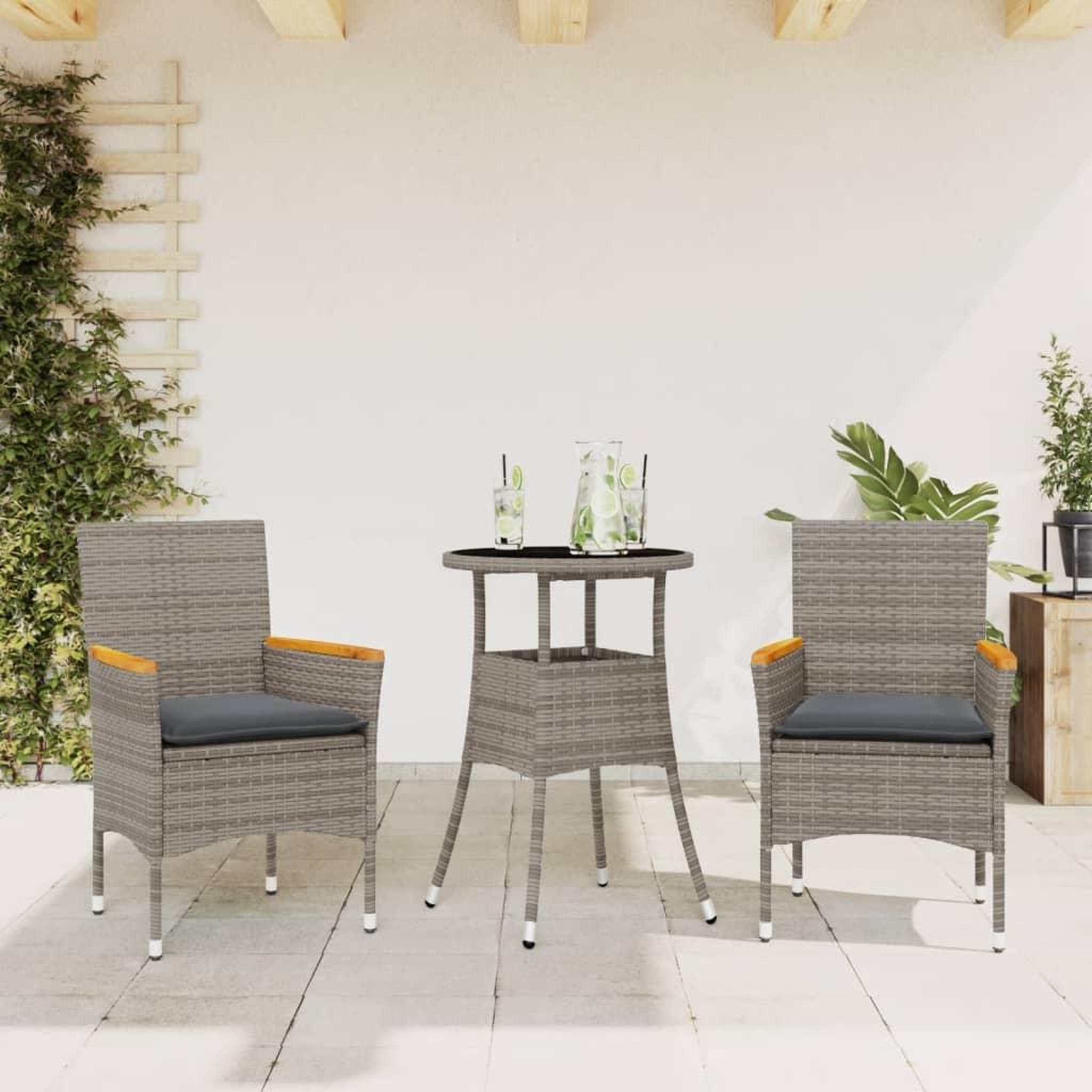 VIDAXL Ensemble a manger de jardin et coussins 3 pcs gris rotin verre
