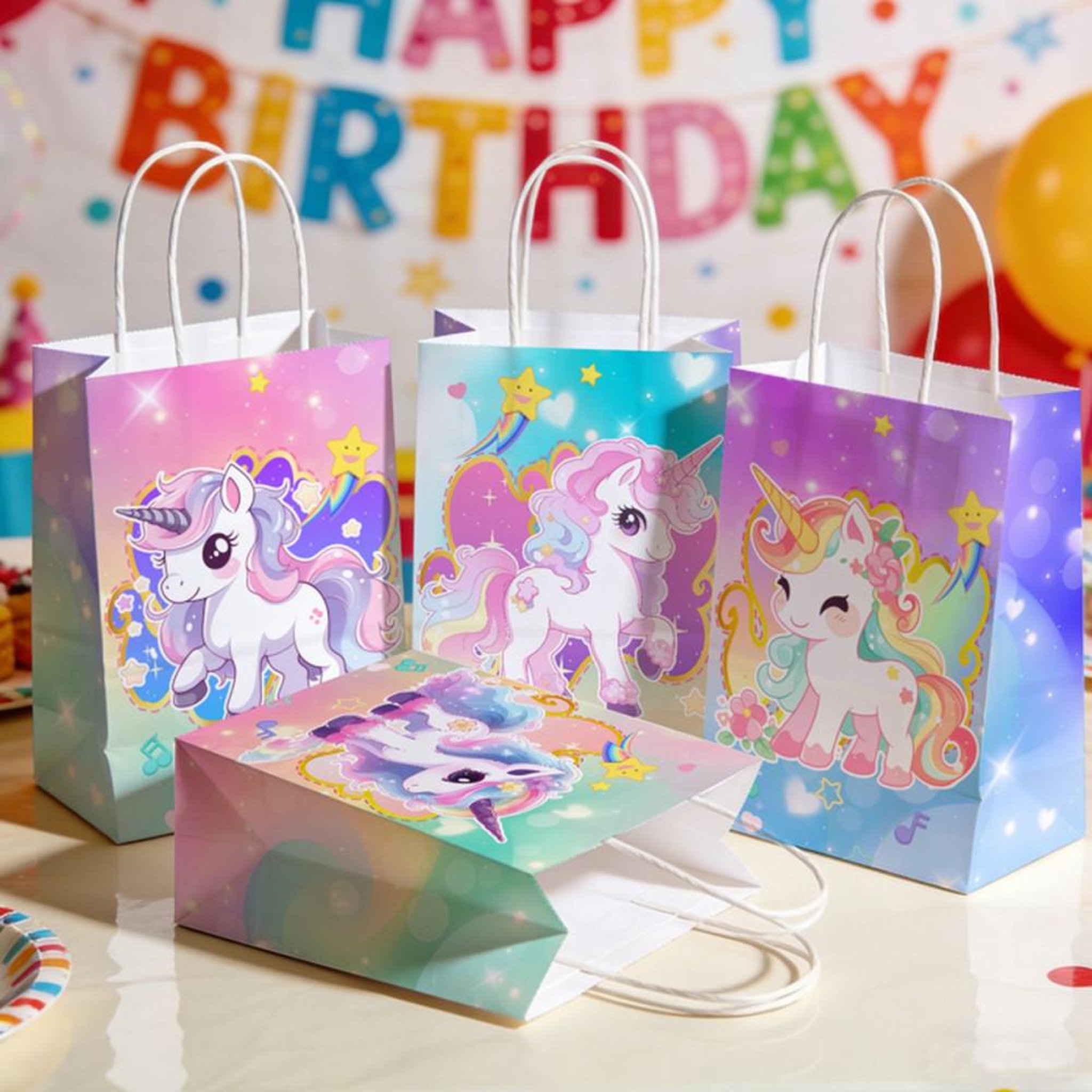 Voir la diapositive 4 : Kit de remplissage sac cadeau licorne multicolore, set 108 pièces pour enfants