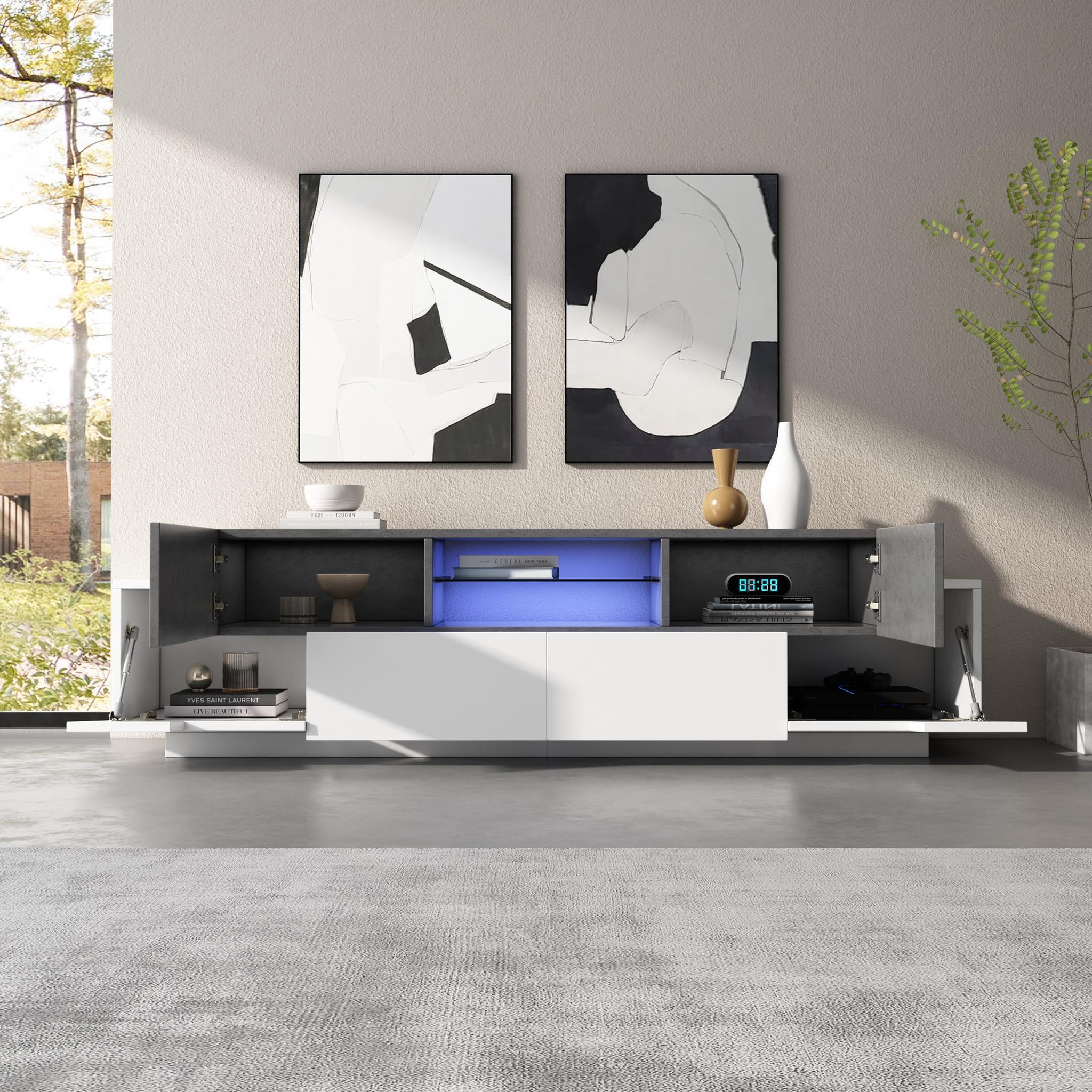 Voir la diapositive 4 : MERAX Meuble tv blanc+noir 180cm led panneaux de particules
