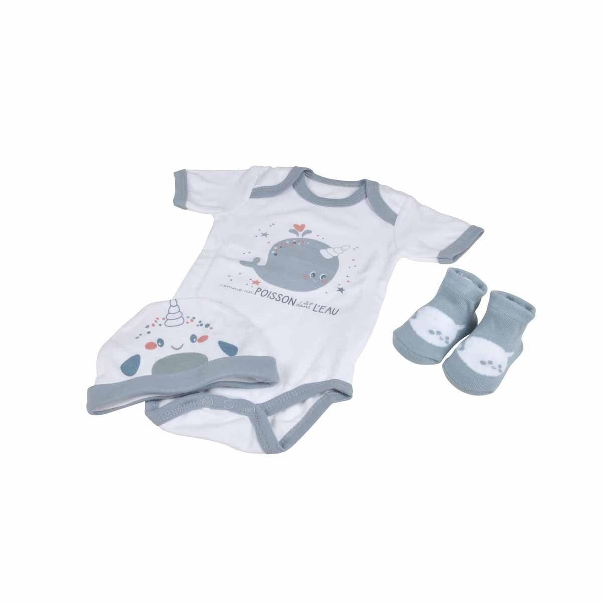 Voir la diapositive 1 : HOMEA Coffret naissance 3 pièces  narval océan  0 à 1 mois bleu
