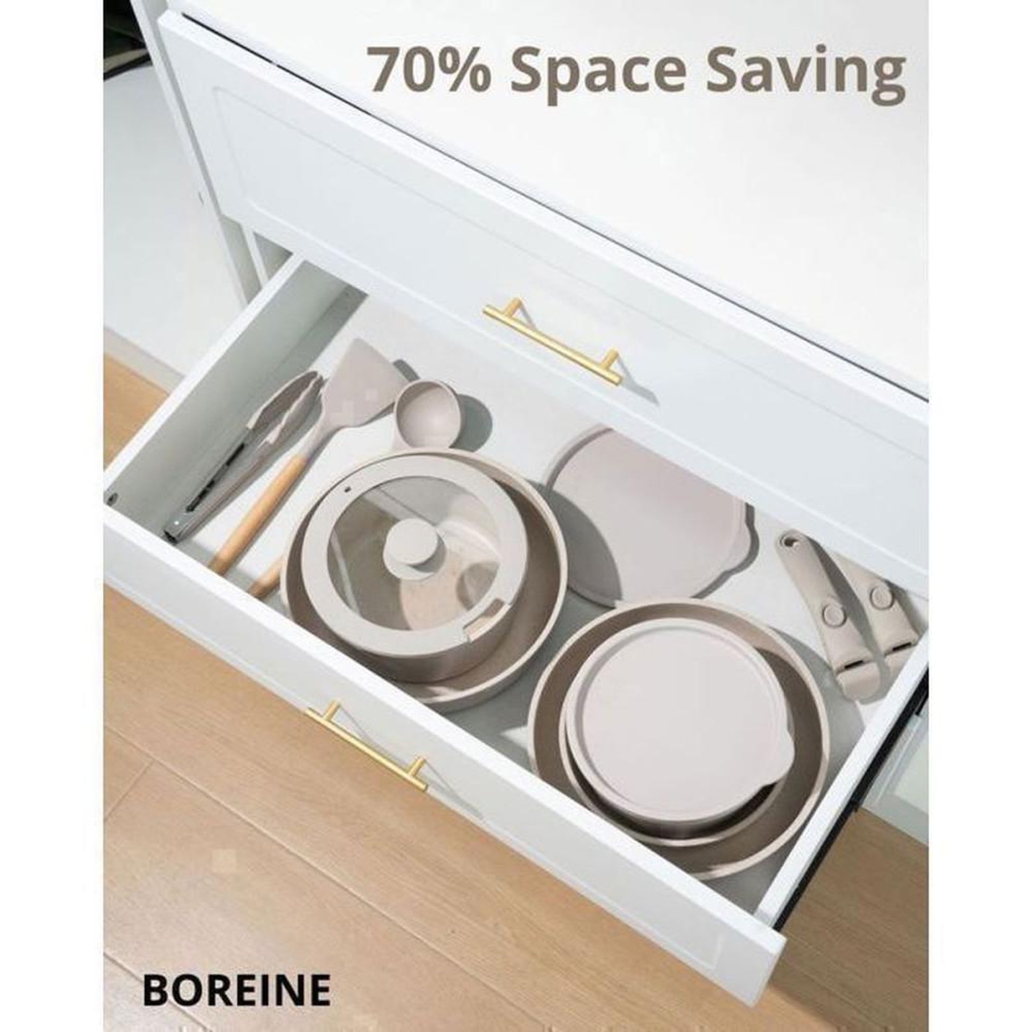 Voir la diapositive 6 : Coffret batterie de cuisine antiadhésive 14 pièces BOREINE en aluminium moulé brun, poignées amovibles, couvercles silicone, induction et gaz, allant au four 250°C