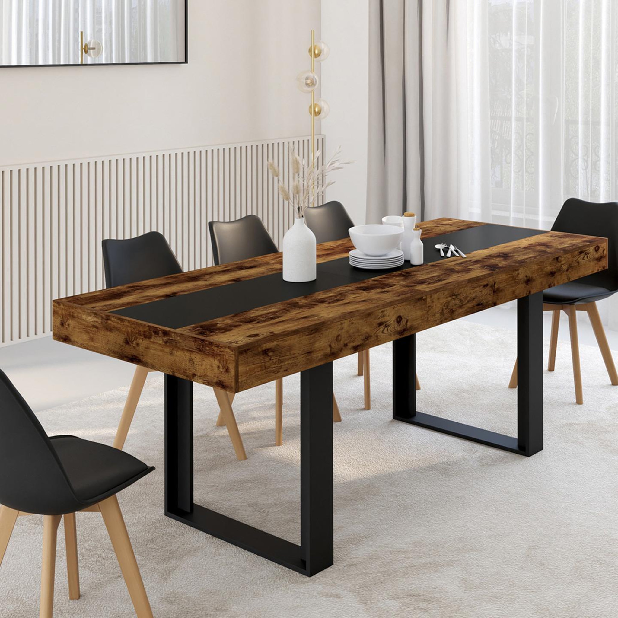 Voir la diapositive 2 : ID MARKET Table à manger extensible rectangle phoenix 4-8 personnes bois effet vieilli et noir bande centrale noire 160-200 cm