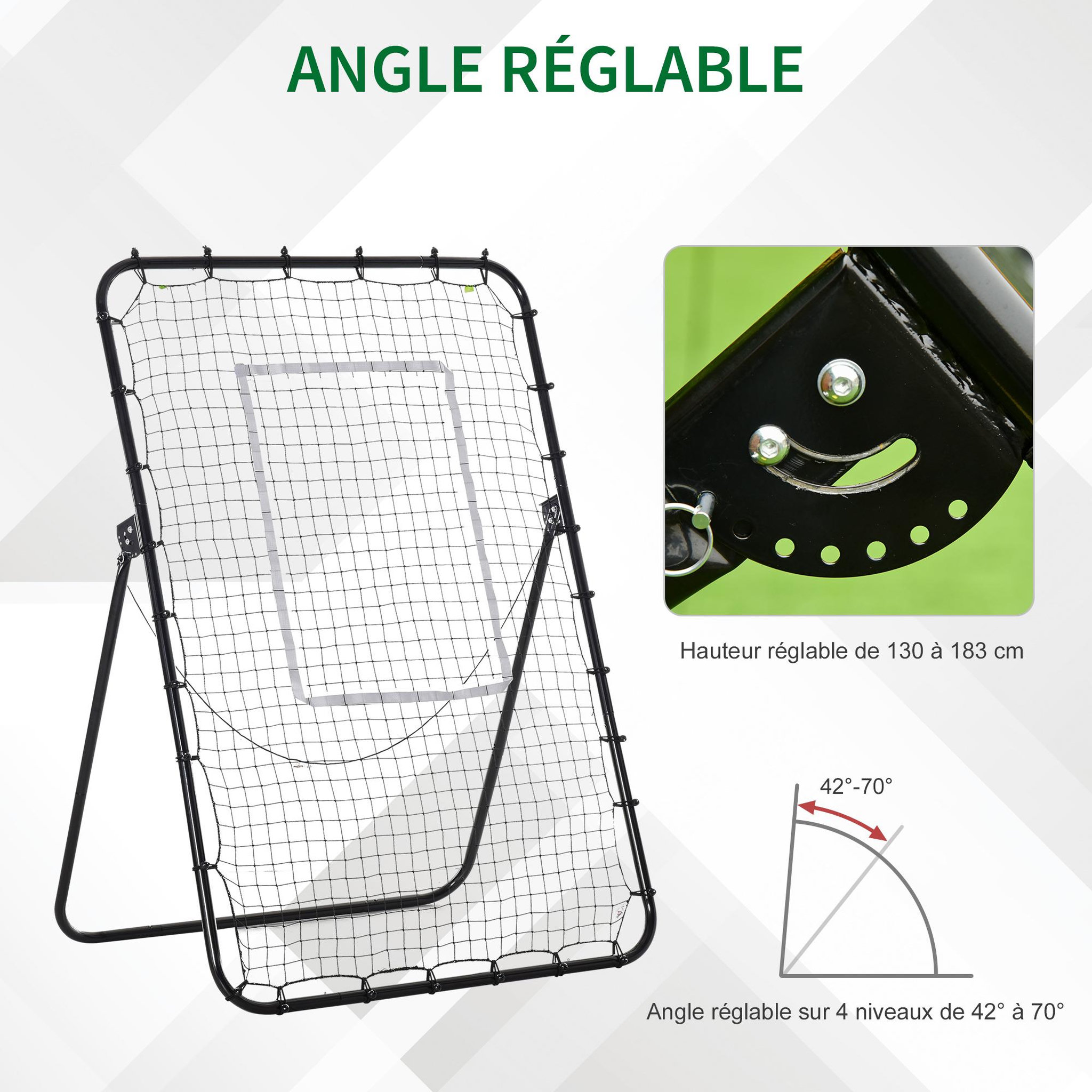 Voir la diapositive 5 : HOMCOM Filet de rebond de football pliable - inclinaison réglable 4 positions hauteur réglable - cible, piquets d'ancrage inclus - filet pe métal époxy noir