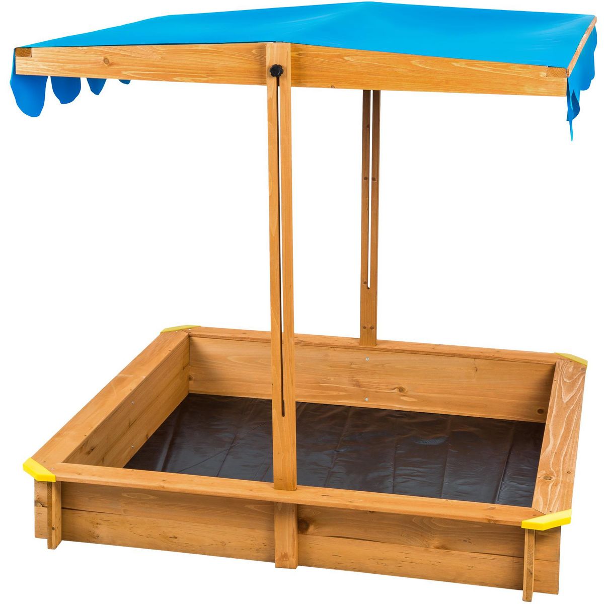 tectake Bac à sable, cabane de jardin enfant avec toit et véranda en bois avec toit réglable bleu