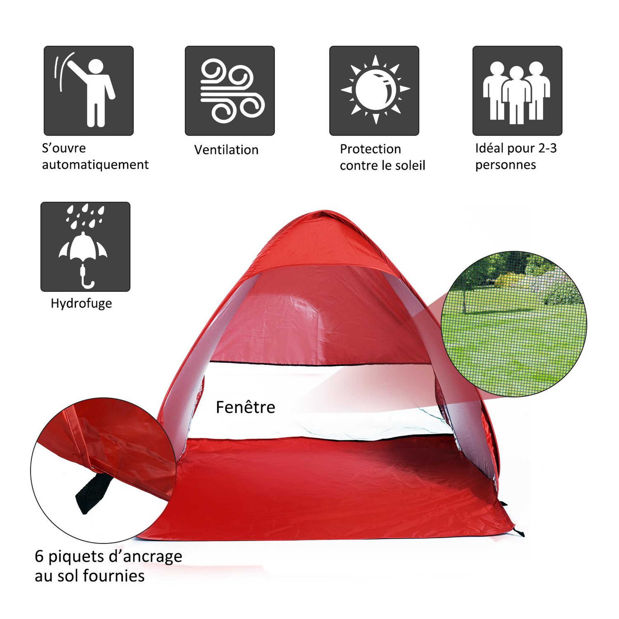 Voir la diapositive 4 : OUTSUNNY Abri de plage tente de plage pliable pop-up automatique instantané protection uv fenêtre arrière grand tapis de sol rouge brique