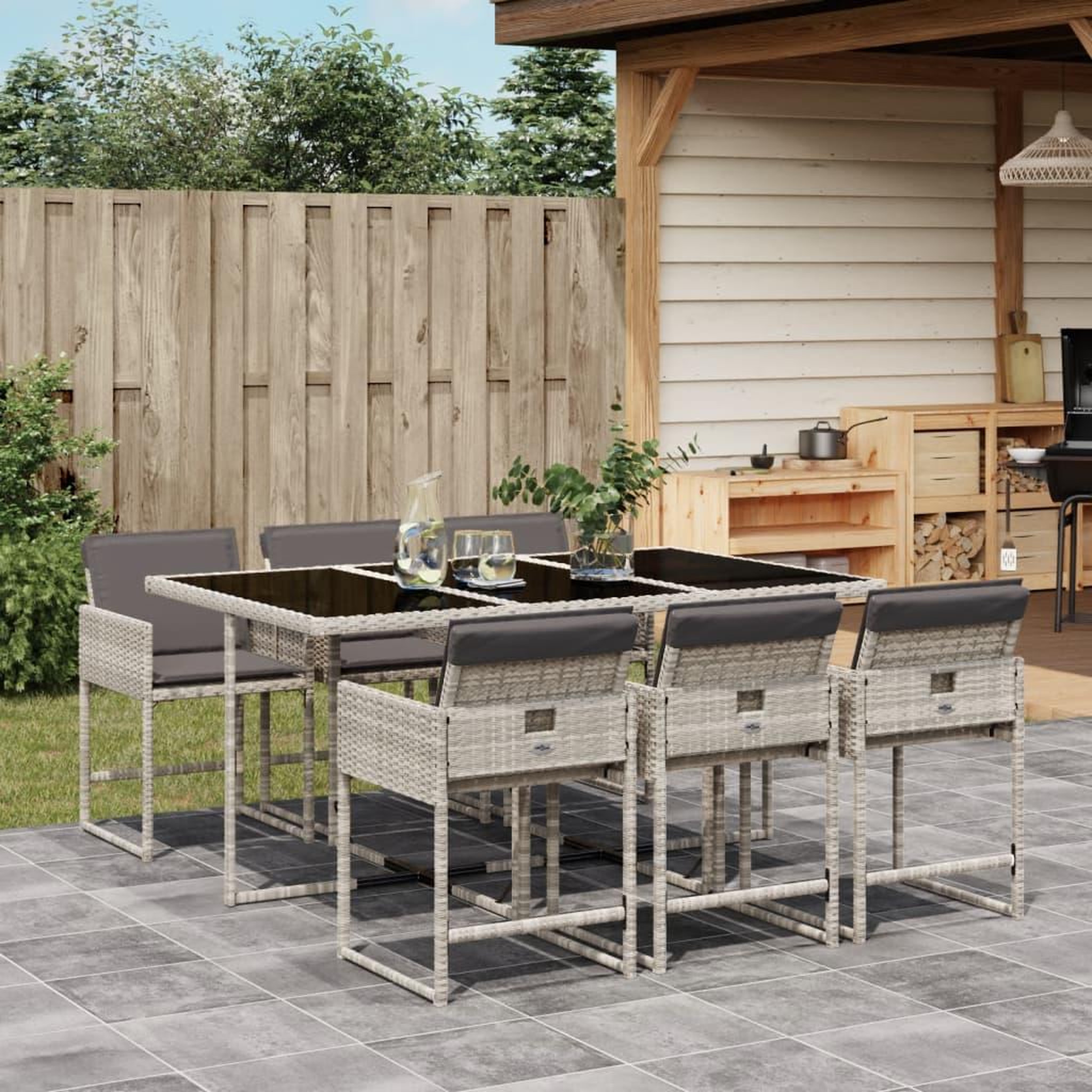 VIDAXL Ensemble a manger de jardin et coussins 7 pcs gris clair rotin