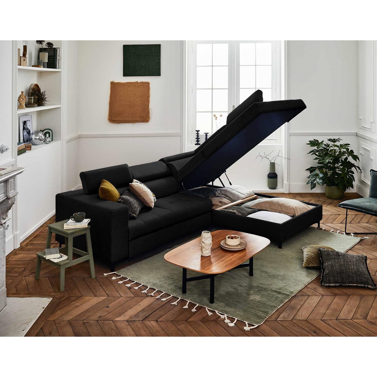 LISA DESIGN Olinda - canapé d'angle droit - 5 places - convertible avec coffre et têtières réglables - en tissu