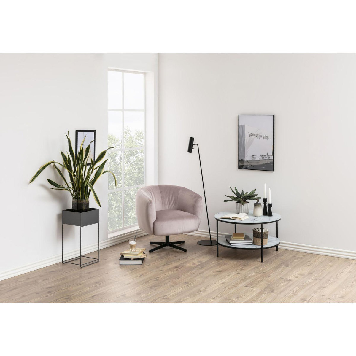 TOILINUX Table basse ronde effet marbre en verre et métal 2 niveaux